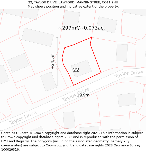 22, TAYLOR DRIVE, LAWFORD, MANNINGTREE, CO11 2HU: Plot and title map