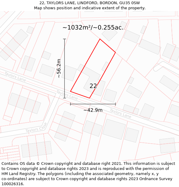 22, TAYLORS LANE, LINDFORD, BORDON, GU35 0SW: Plot and title map