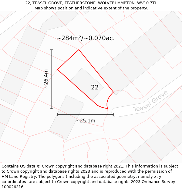 22, TEASEL GROVE, FEATHERSTONE, WOLVERHAMPTON, WV10 7TL: Plot and title map