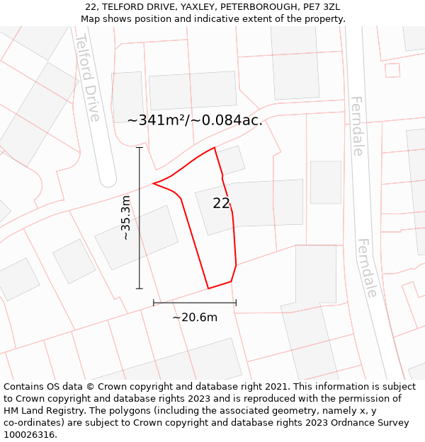 22, TELFORD DRIVE, YAXLEY, PETERBOROUGH, PE7 3ZL: Plot and title map