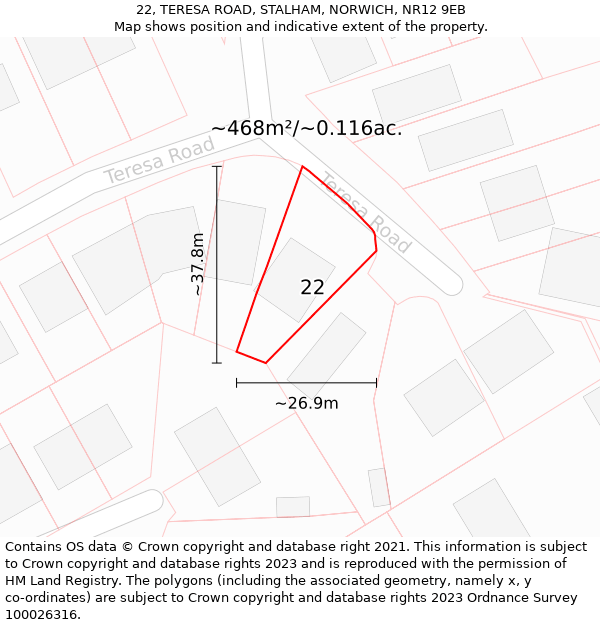 22, TERESA ROAD, STALHAM, NORWICH, NR12 9EB: Plot and title map