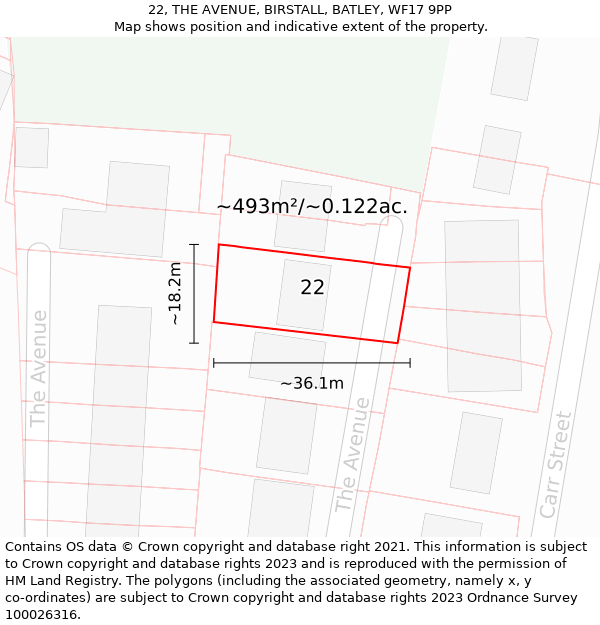 22, THE AVENUE, BIRSTALL, BATLEY, WF17 9PP: Plot and title map