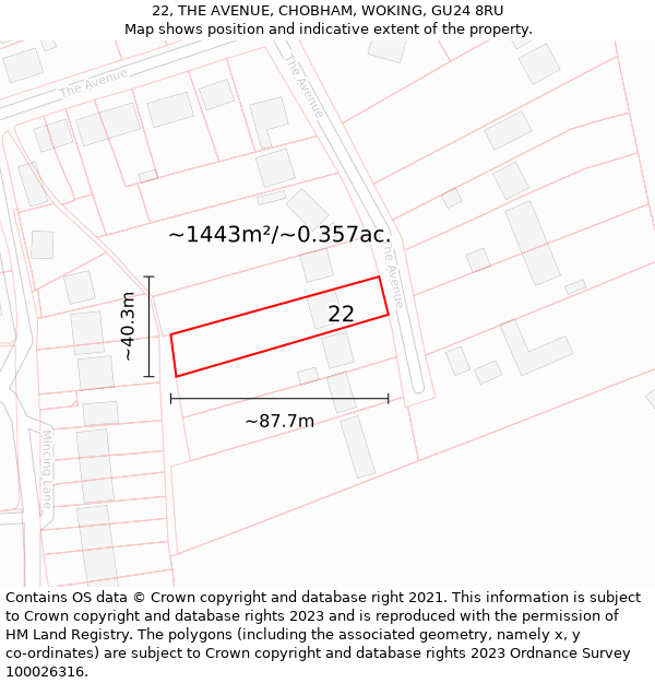 22, THE AVENUE, CHOBHAM, WOKING, GU24 8RU: Plot and title map