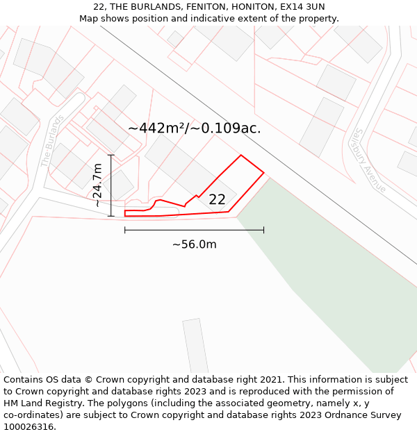 22, THE BURLANDS, FENITON, HONITON, EX14 3UN: Plot and title map