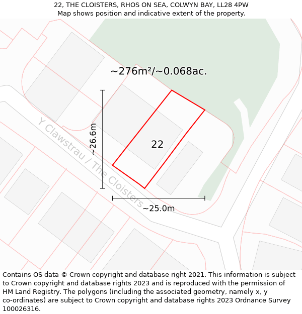 22, THE CLOISTERS, RHOS ON SEA, COLWYN BAY, LL28 4PW: Plot and title map