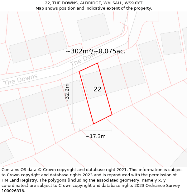 22, THE DOWNS, ALDRIDGE, WALSALL, WS9 0YT: Plot and title map