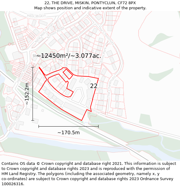 22, THE DRIVE, MISKIN, PONTYCLUN, CF72 8PX: Plot and title map