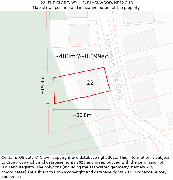 22, THE GLADE, WYLLIE, BLACKWOOD, NP12 2HB: Plot and title map