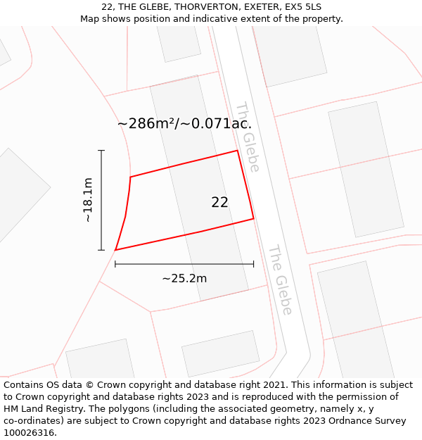 22, THE GLEBE, THORVERTON, EXETER, EX5 5LS: Plot and title map