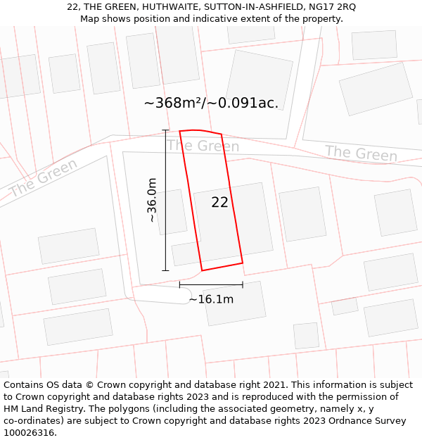 22, THE GREEN, HUTHWAITE, SUTTON-IN-ASHFIELD, NG17 2RQ: Plot and title map