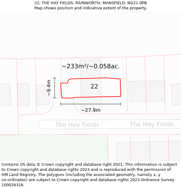 22, THE HAY FIELDS, RAINWORTH, MANSFIELD, NG21 0PB: Plot and title map