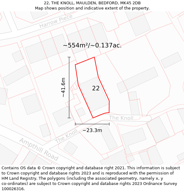 22, THE KNOLL, MAULDEN, BEDFORD, MK45 2DB: Plot and title map