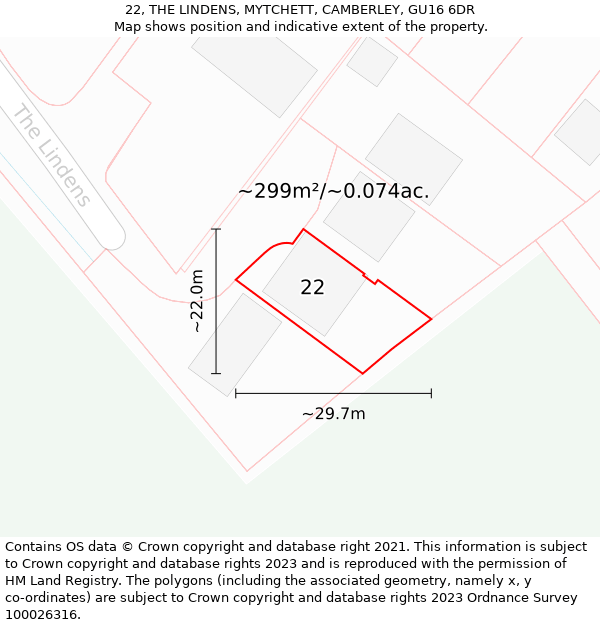 22, THE LINDENS, MYTCHETT, CAMBERLEY, GU16 6DR: Plot and title map