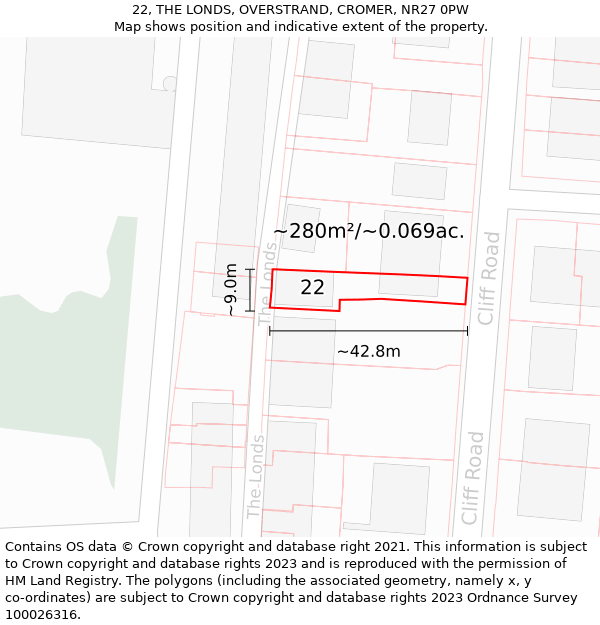 22, THE LONDS, OVERSTRAND, CROMER, NR27 0PW: Plot and title map