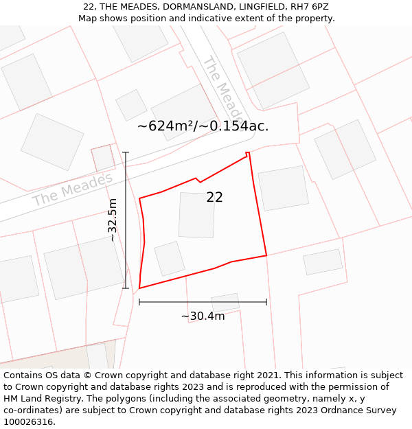 22, THE MEADES, DORMANSLAND, LINGFIELD, RH7 6PZ: Plot and title map