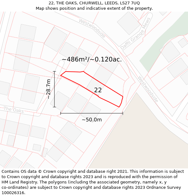 22, THE OAKS, CHURWELL, LEEDS, LS27 7UQ: Plot and title map