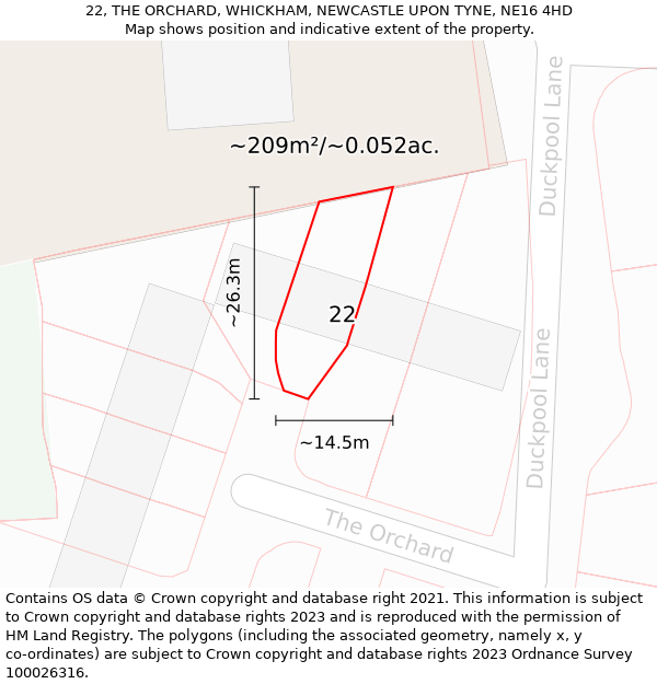 22, THE ORCHARD, WHICKHAM, NEWCASTLE UPON TYNE, NE16 4HD: Plot and title map