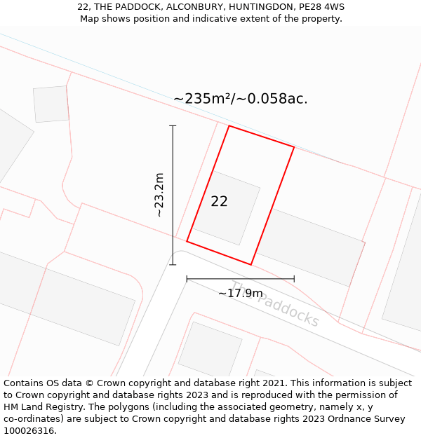 22, THE PADDOCK, ALCONBURY, HUNTINGDON, PE28 4WS: Plot and title map