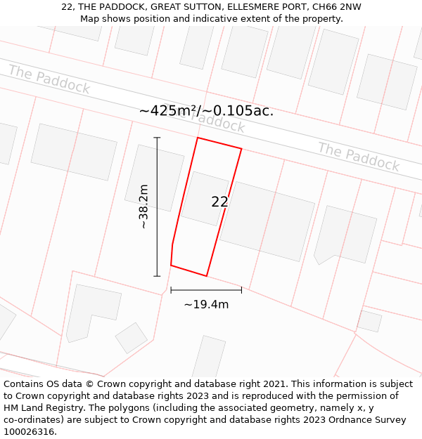 22, THE PADDOCK, GREAT SUTTON, ELLESMERE PORT, CH66 2NW: Plot and title map