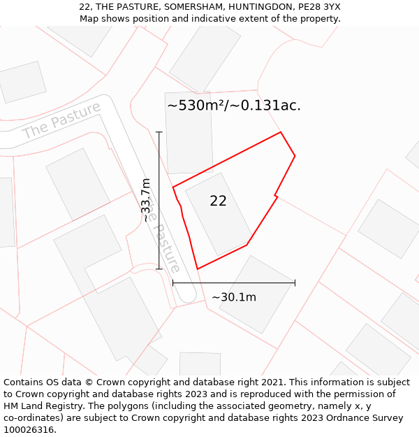 22, THE PASTURE, SOMERSHAM, HUNTINGDON, PE28 3YX: Plot and title map