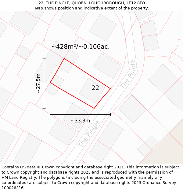 22, THE PINGLE, QUORN, LOUGHBOROUGH, LE12 8FQ: Plot and title map