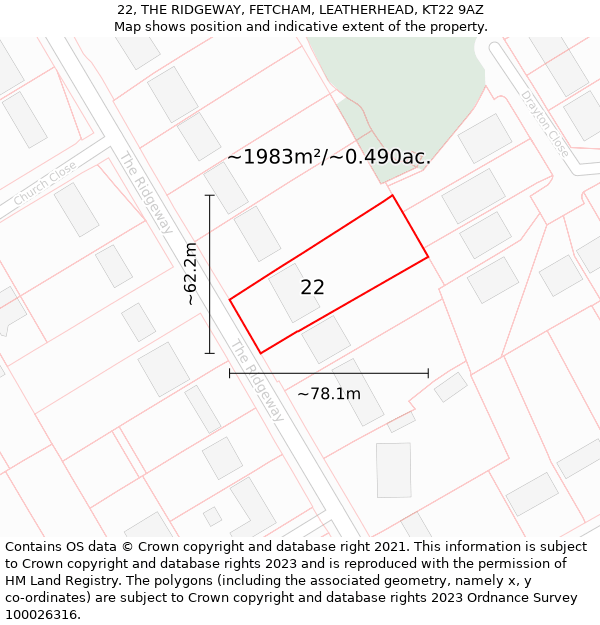 22, THE RIDGEWAY, FETCHAM, LEATHERHEAD, KT22 9AZ: Plot and title map