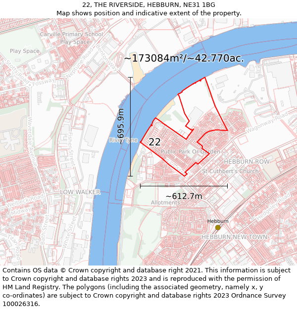 22, THE RIVERSIDE, HEBBURN, NE31 1BG: Plot and title map