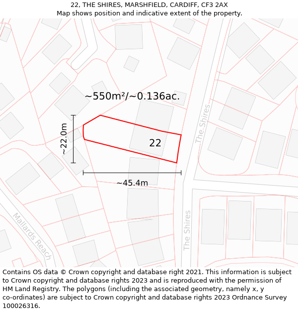 22, THE SHIRES, MARSHFIELD, CARDIFF, CF3 2AX: Plot and title map