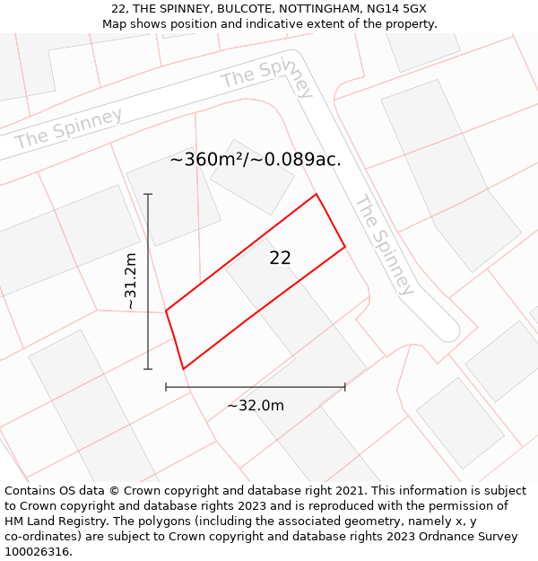 22, THE SPINNEY, BULCOTE, NOTTINGHAM, NG14 5GX: Plot and title map