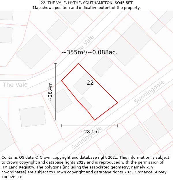 22, THE VALE, HYTHE, SOUTHAMPTON, SO45 5ET: Plot and title map