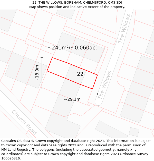 22, THE WILLOWS, BOREHAM, CHELMSFORD, CM3 3DJ: Plot and title map