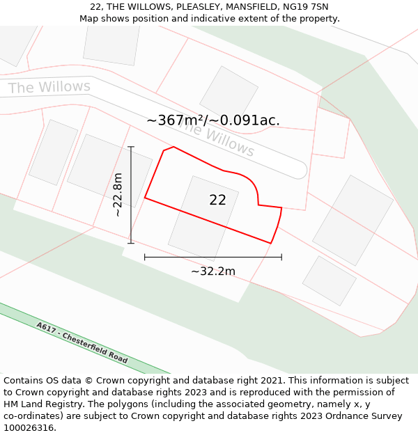 22, THE WILLOWS, PLEASLEY, MANSFIELD, NG19 7SN: Plot and title map