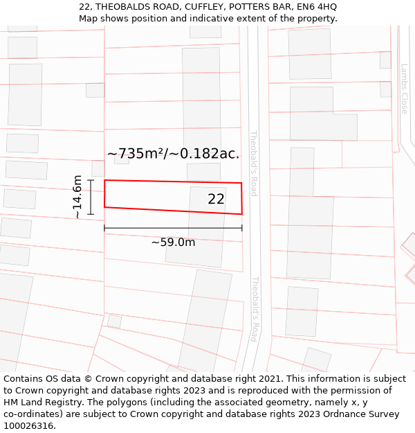 22, THEOBALDS ROAD, CUFFLEY, POTTERS BAR, EN6 4HQ: Plot and title map