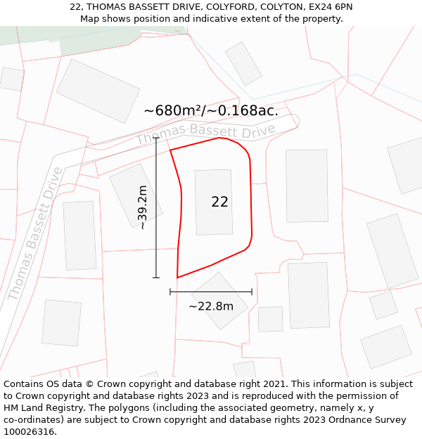 22, THOMAS BASSETT DRIVE, COLYFORD, COLYTON, EX24 6PN: Plot and title map