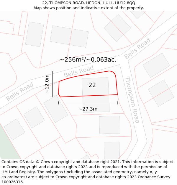 22, THOMPSON ROAD, HEDON, HULL, HU12 8QQ: Plot and title map