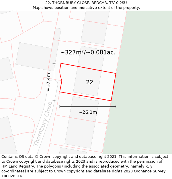 22, THORNBURY CLOSE, REDCAR, TS10 2SU: Plot and title map