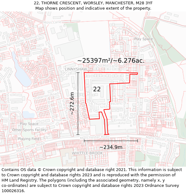 22, THORNE CRESCENT, WORSLEY, MANCHESTER, M28 3YF: Plot and title map