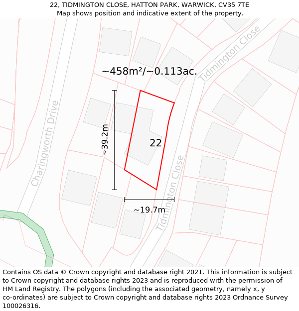 22, TIDMINGTON CLOSE, HATTON PARK, WARWICK, CV35 7TE: Plot and title map