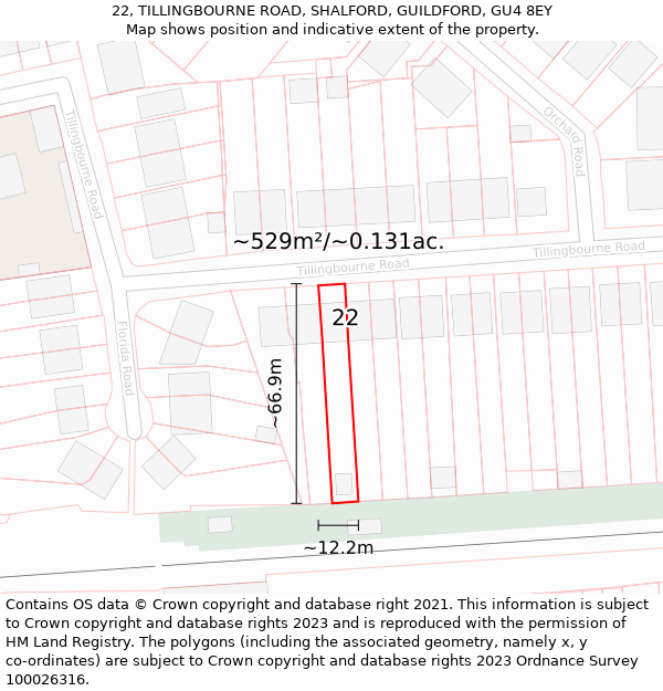 22, TILLINGBOURNE ROAD, SHALFORD, GUILDFORD, GU4 8EY: Plot and title map