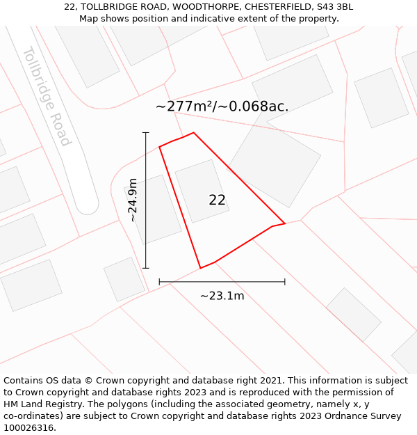 22, TOLLBRIDGE ROAD, WOODTHORPE, CHESTERFIELD, S43 3BL: Plot and title map