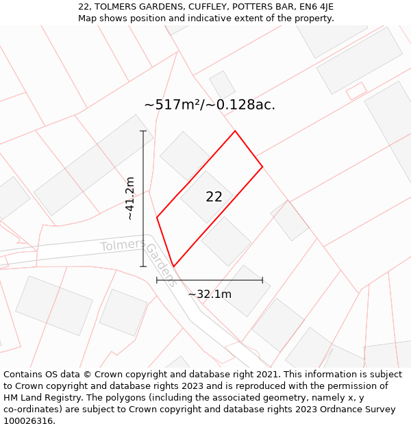 22, TOLMERS GARDENS, CUFFLEY, POTTERS BAR, EN6 4JE: Plot and title map