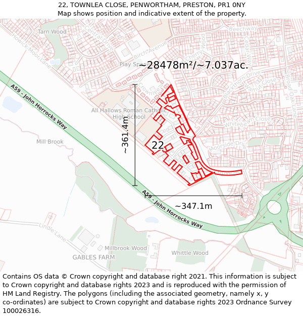 22, TOWNLEA CLOSE, PENWORTHAM, PRESTON, PR1 0NY: Plot and title map