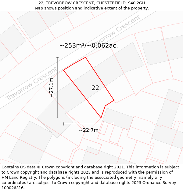 22, TREVORROW CRESCENT, CHESTERFIELD, S40 2GH: Plot and title map