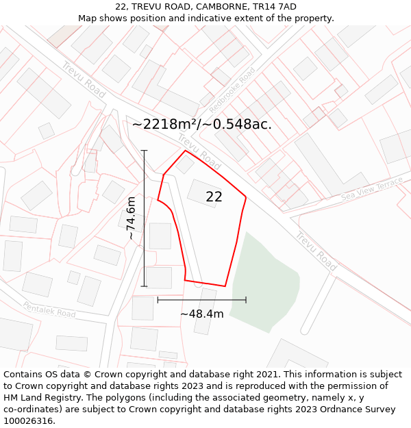 22, TREVU ROAD, CAMBORNE, TR14 7AD: Plot and title map