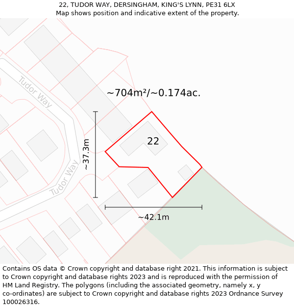 22, TUDOR WAY, DERSINGHAM, KING'S LYNN, PE31 6LX: Plot and title map