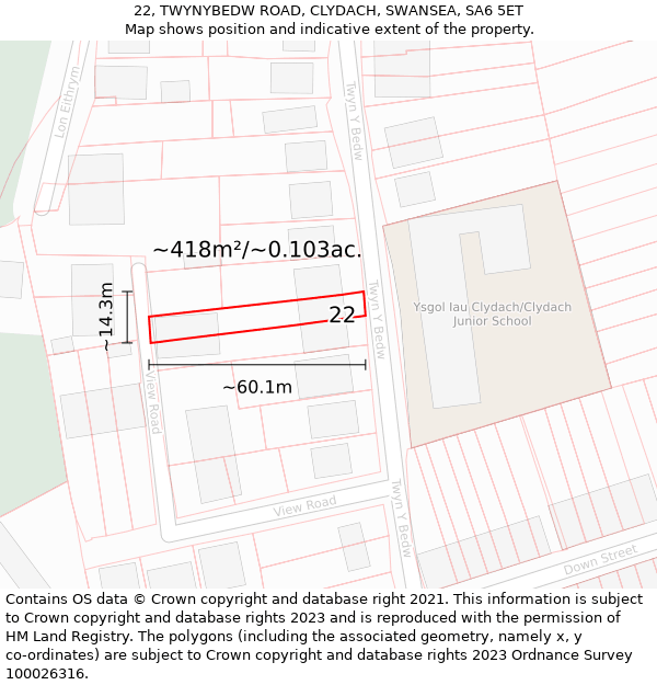 22, TWYNYBEDW ROAD, CLYDACH, SWANSEA, SA6 5ET: Plot and title map