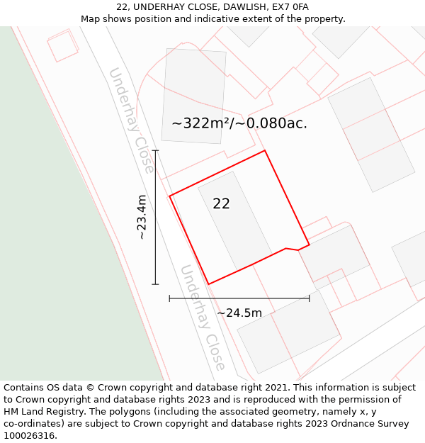 22, UNDERHAY CLOSE, DAWLISH, EX7 0FA: Plot and title map