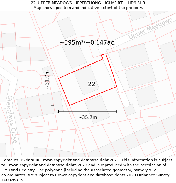 22, UPPER MEADOWS, UPPERTHONG, HOLMFIRTH, HD9 3HR: Plot and title map