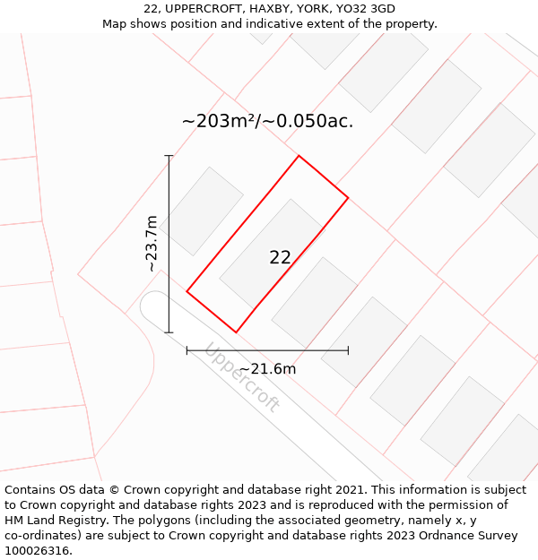 22, UPPERCROFT, HAXBY, YORK, YO32 3GD: Plot and title map