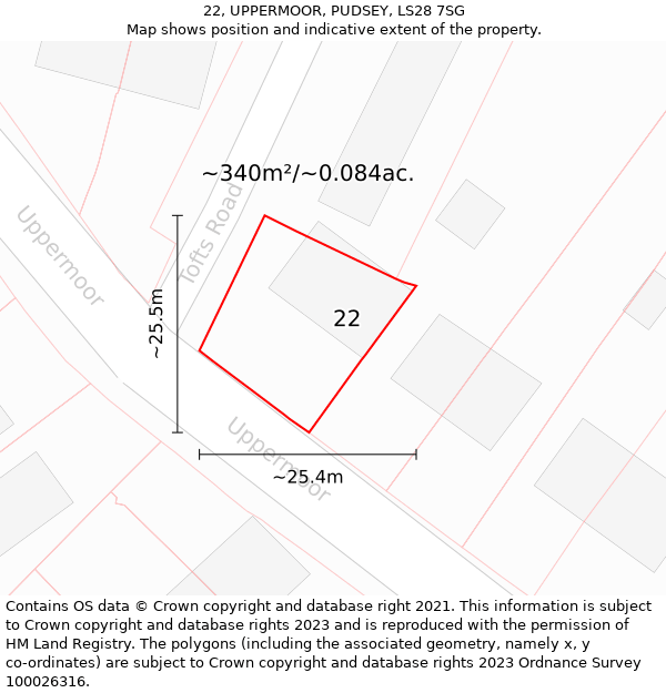 22, UPPERMOOR, PUDSEY, LS28 7SG: Plot and title map